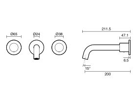 Technical Drawing - Mizu Drift Dial Wall Basin/Bath Set 200mm (6 Star)