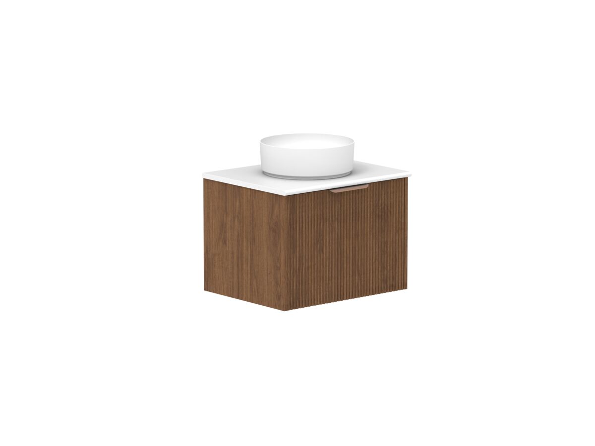 Hero - Kado Neue Fluted Square All Drawer 600mm Wall Hung Vanity with Centre Basin 20mm Top Florentine Walnut