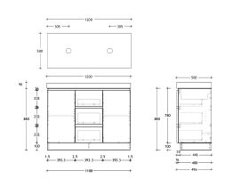 Technical Drawing - Posh Domaine 1200mm Floor Mount Vanity Unit Conventional Double Bowl 90mm Top