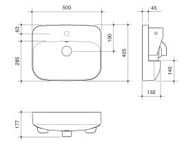 Technical Drawing - Caroma Forma II 500mm Semi Recess Basin One Taphole with Overflow Gloss White