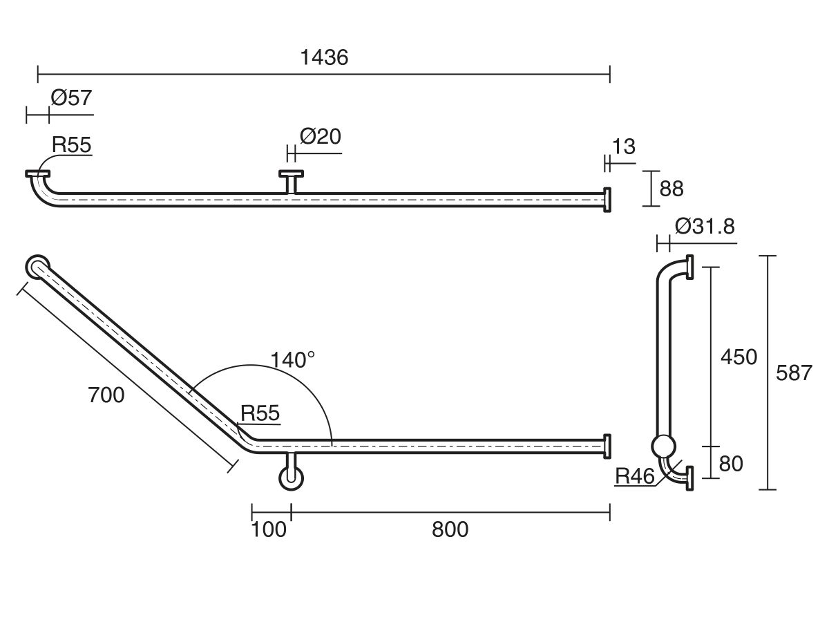 Mobi Grab Rail Corner R/H 900x700x140 Deg