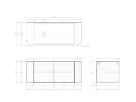 Technical Drawing - Kado Neue Fluted Double Curve All Door 1200mm Wall Hung Vanity with Left Hand Basin Durasein 12mm Top