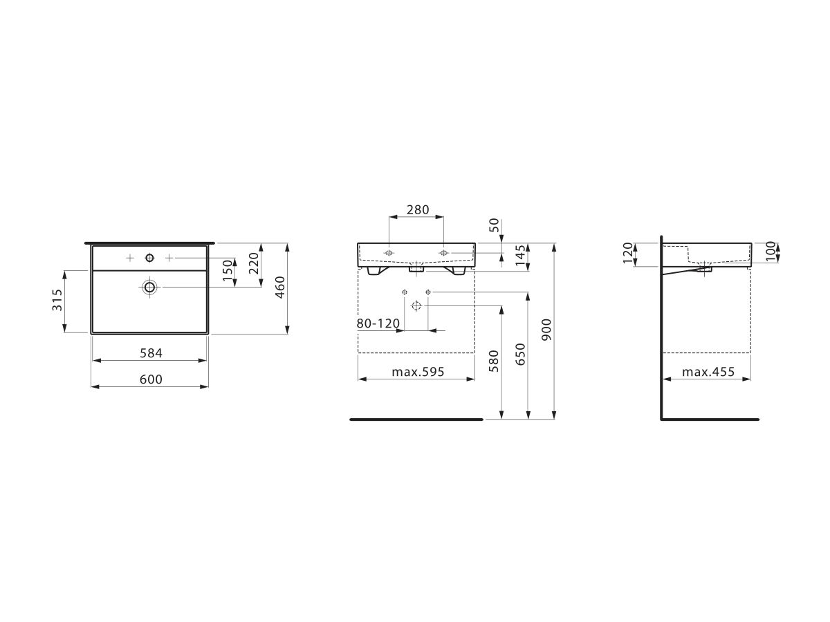 LAUFEN Kartell Wall/Counter Basin 1 Tap Hole with Over Flow 600x460 with Fixing Bolts White