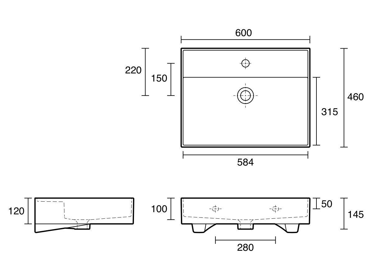 Technical Drawing - LAUFEN Kartell Wall Basin 600mm x 460mm 1 Taphole with Overflow