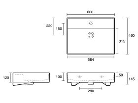Technical Drawing - LAUFEN Kartell Wall Basin 600mm x 460mm 1 Taphole with Overflow