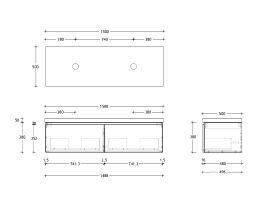Technical Drawing - Posh Domaine 1500mm Wall Hung Vanity Unit All-Drawer Double Bowl 50mm Top