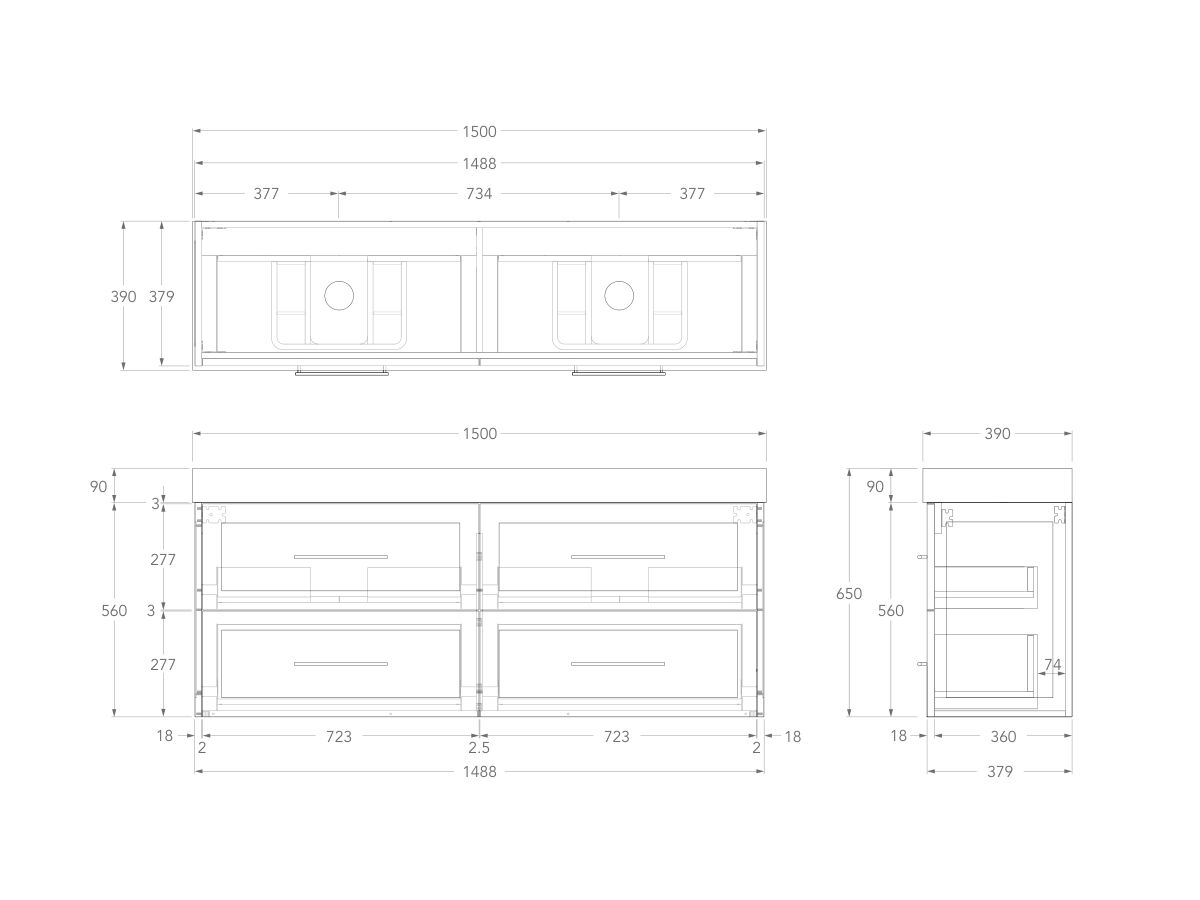 Technical Drawing - Kado Lux Ensuite All Drawer Twin 1500mm Wall Hung Double Basin 90mm Top