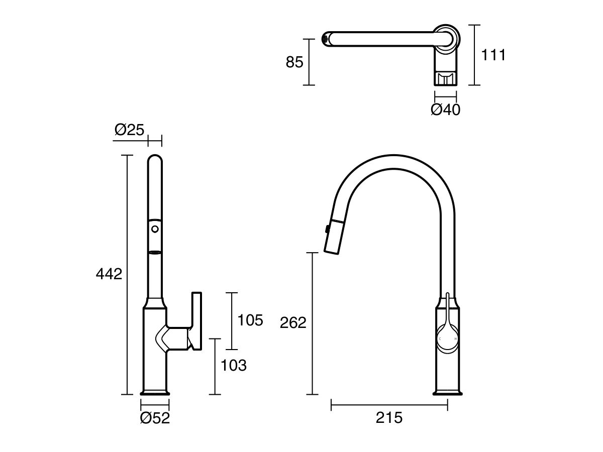 Technical Drawing - Milli Oria Sink Mixer Pull Out Spray Lead Free
