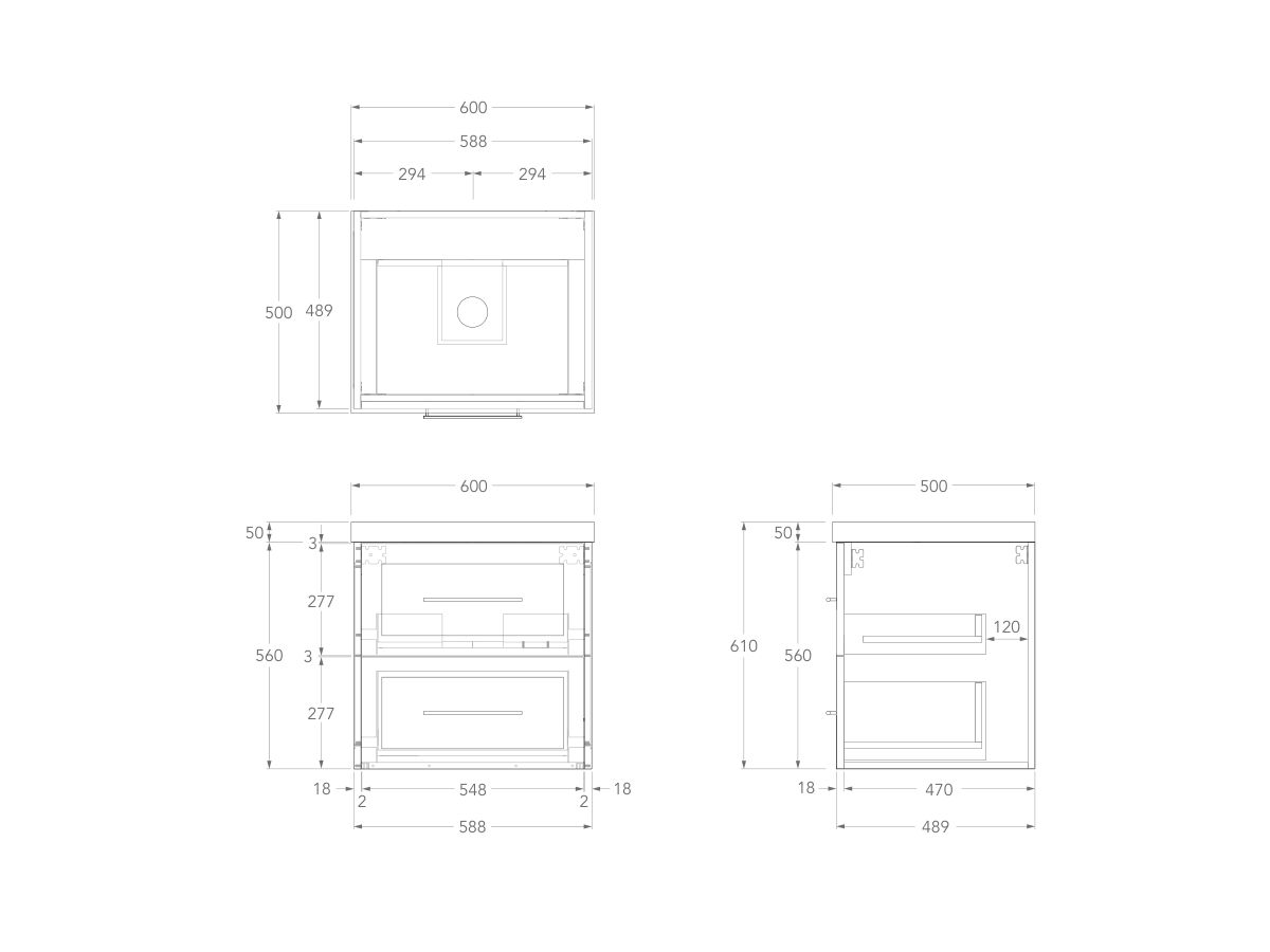 Technical Drawing - Kado Lux 600mm All Drawer Wall Hung Vanity Unit 2 Drawers Centre Bowl 50mm Top