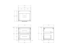 Technical Drawing - Kado Lux 600mm All Drawer Wall Hung Vanity Unit 2 Drawers Centre Bowl 50mm Top