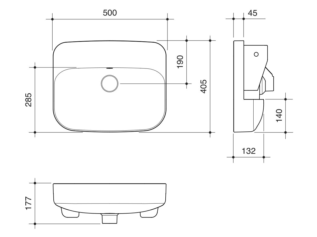 Technical Drawing - Caroma Forma II 500mm Semi Recess Basin No Taphole with Overflow Gloss White