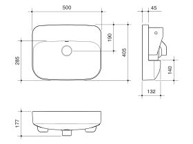 Technical Drawing - Caroma Forma II 500mm Semi Recess Basin No Taphole with Overflow Gloss White