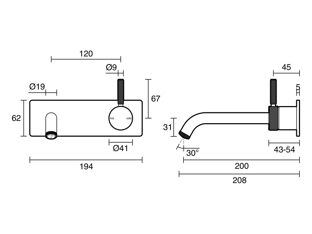 Technical Drawing - Milli Etch Wall Basin/Bath Mixer Tap Square Backplate (6 Star)