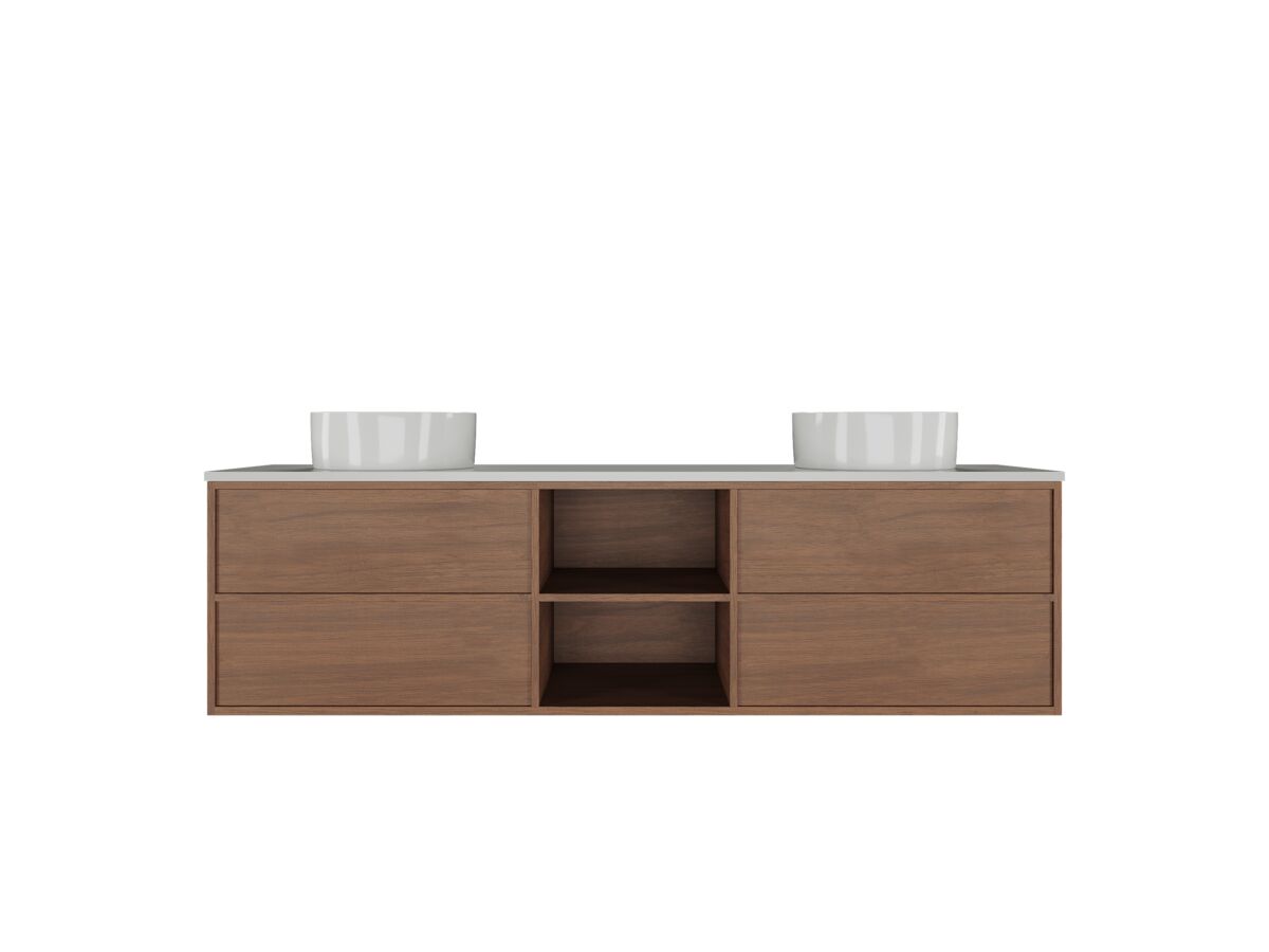 Supporting Image - Kado Aspect Shelf Vanity Unit 1800mm Double Bowl 4 Drawer Caesarstone Mineral 20mm Top - Florentine Walnut