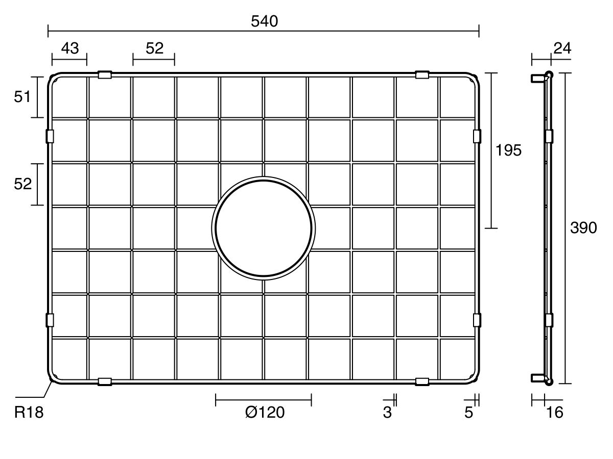 Technical Drawing - Memo Harper Sink Protect Grid 540mm x 390mm Stainless Steel