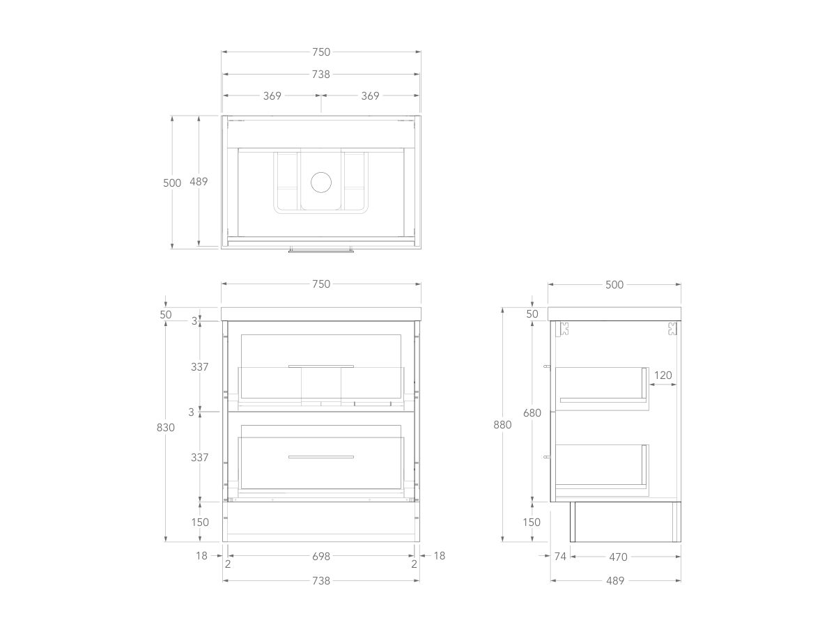 Technical Drawing - Kado Lux 750mm All Drawer Floor Mounted Vanity Unit 2 Drawers Single Centre Vanity 50mm Top