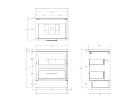 Technical Drawing - Kado Lux 750mm All Drawer Floor Mounted Vanity Unit 2 Drawers Single Centre Vanity 50mm Top