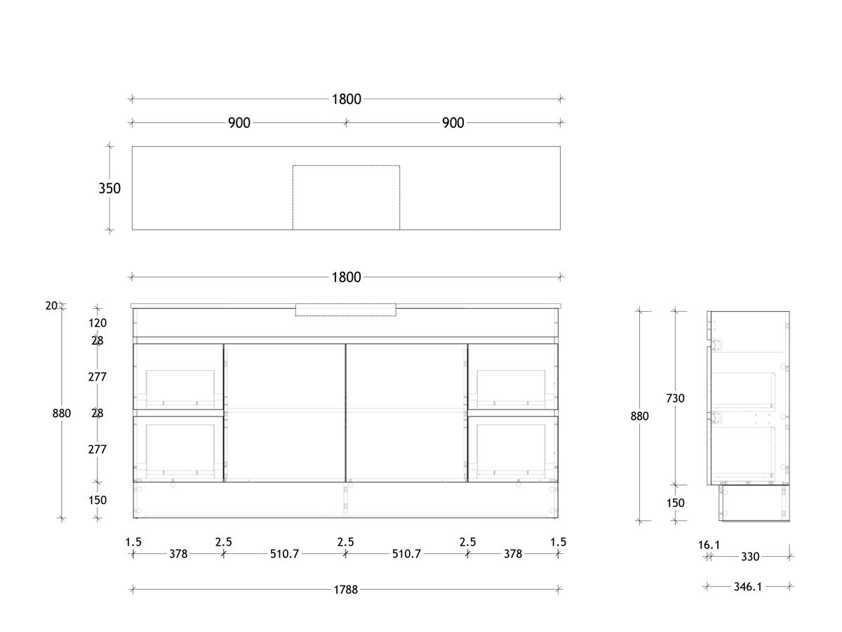 Technical Drawing - Posh Domaine Semi-Recessed 1800mm Floor Mounted Vanity Centre Basin 20mm Top