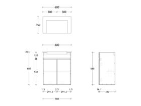 Technical Drawing - Posh Domaine Semi-Recessed 600mm Wall Hung Vanity Centre Basin 20mm Top