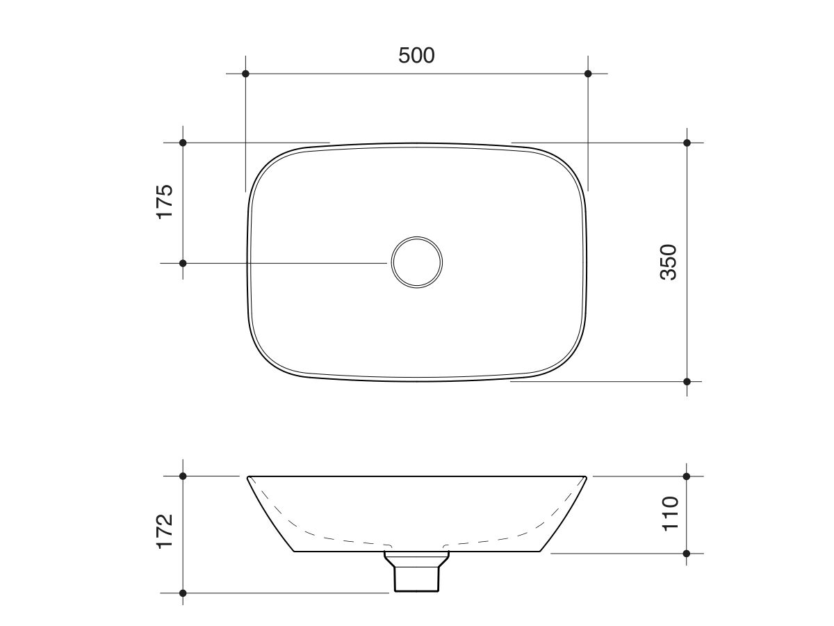 Technical Drawing - Caroma Forma II 500mm Above Counter Basin No Taphole