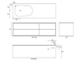 ISSY Glide Twin 1400mm - 1499mm Custom Wall Hung Vanity Unit Single Bowl 4 Drawers