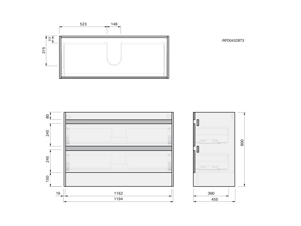Technical Drawing - Posh Domaine Twin 1200 Floor Mounted Cherry Pie