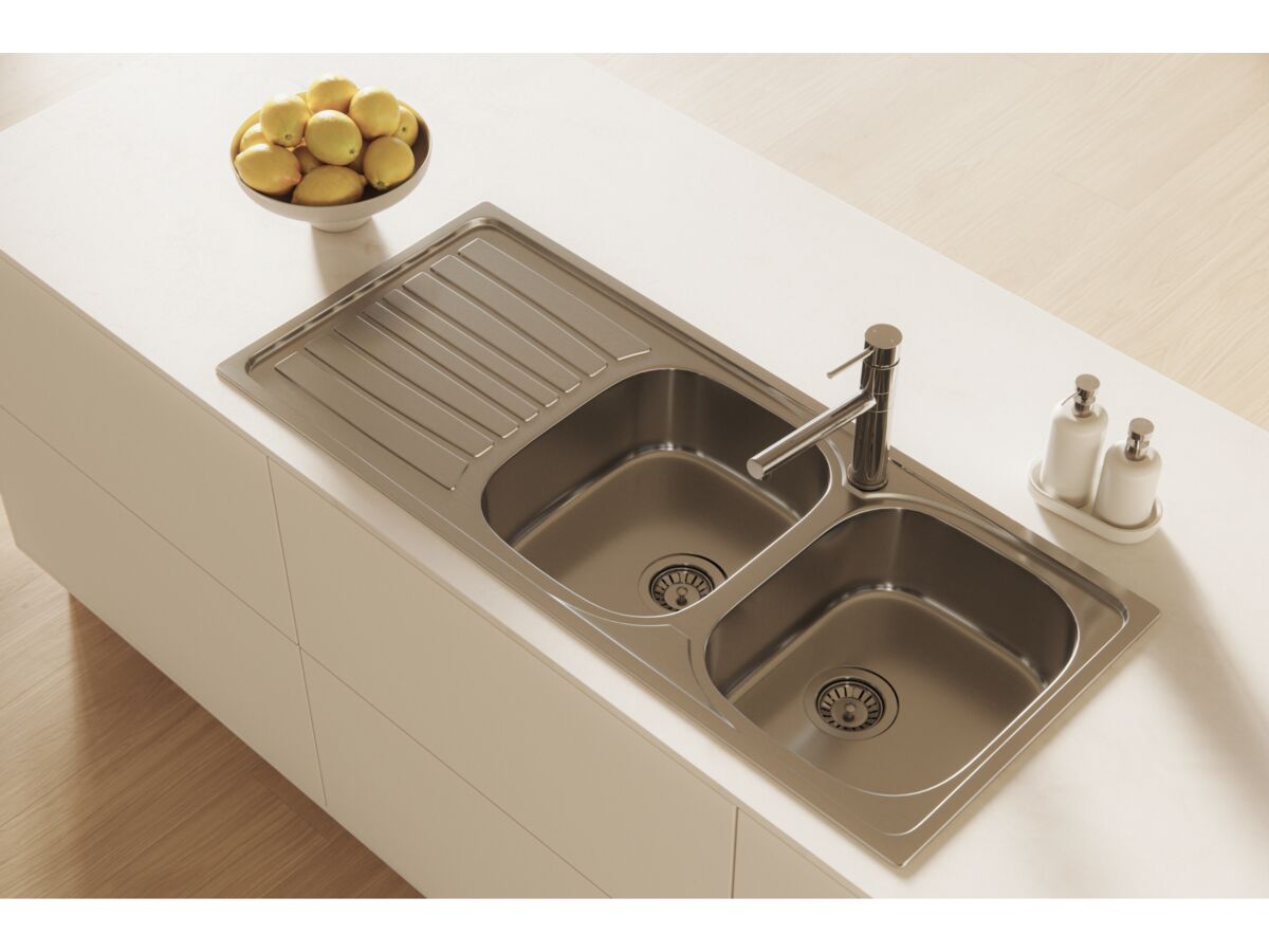 In Situ - Posh Bristol Double Bowl Sink 1 Taphole Right Hand Bowl with Drainer Stainless Steel