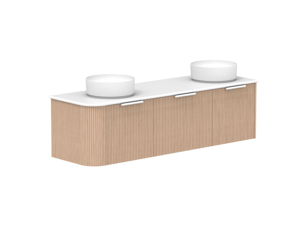 Supporting Image 2- Kado Neue Fluted Single Curve All Drawer 1650mm Wall Hung Vanity with Double Basin 20mm Top Blonde Oak