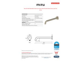 Specification Sheet - Mizu Drift Wall Basin/Bath Outlet Curve Spout 300mm Brushed Brass (6 Star) Lead Free