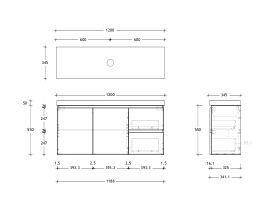 Technical Drawing - Posh Domaine 1200mm Ensuite Wall Hung Vanity Unit Single Bowl 50mm Top