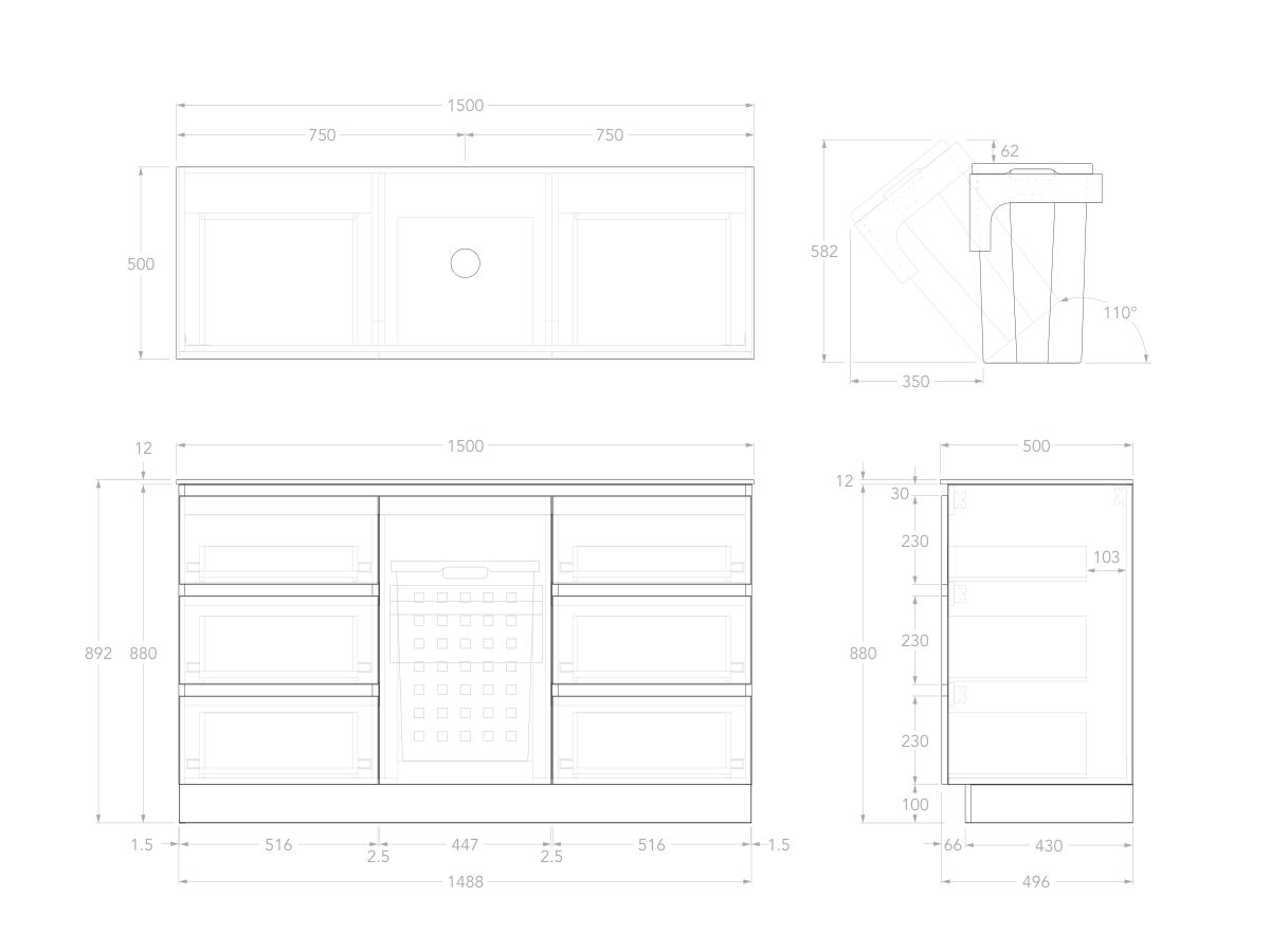 Technical Image - Posh Domaine Plus Hamper 1500 Floor Mounted Centre Bowl 12mm Durasein Top