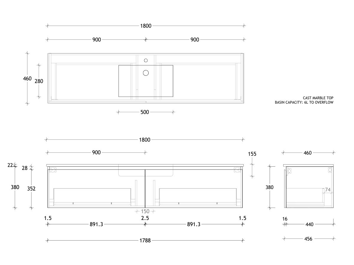 Posh Domaine All-Drawer 1800mm Single Bowl Basin Wall Hung Vanity Cast Marble Top