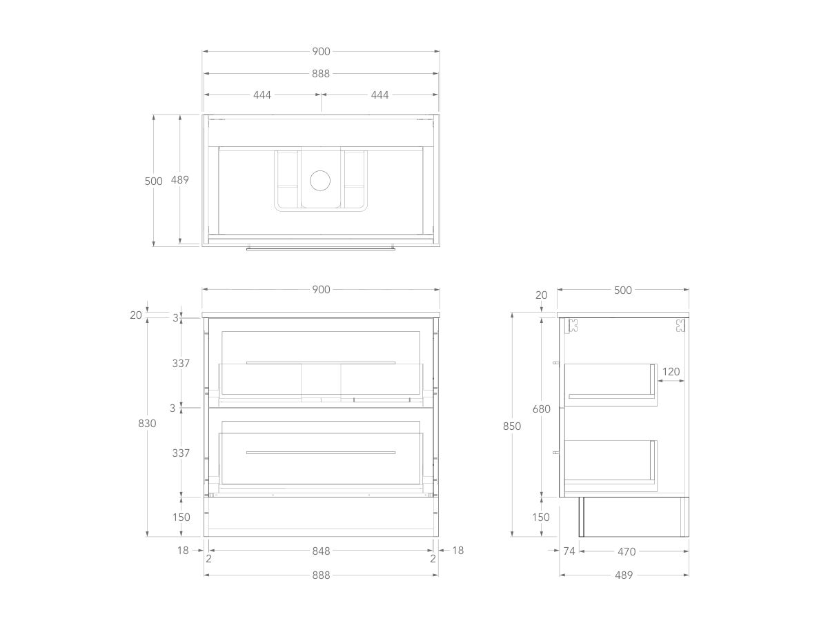 Kado Lux Floor Mounted 900mm with Kickboard 2 Drawer Single Centre Vanity (No Basin)