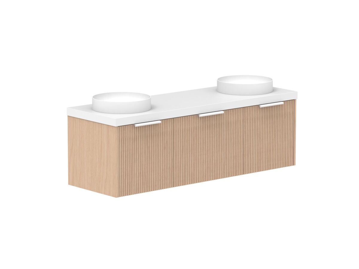 Supporting Image 2- Kado Neue Fluted Square All Drawer 1500mm Wall Hung Vanity with Double Basin 50mm Top Blonde Oak