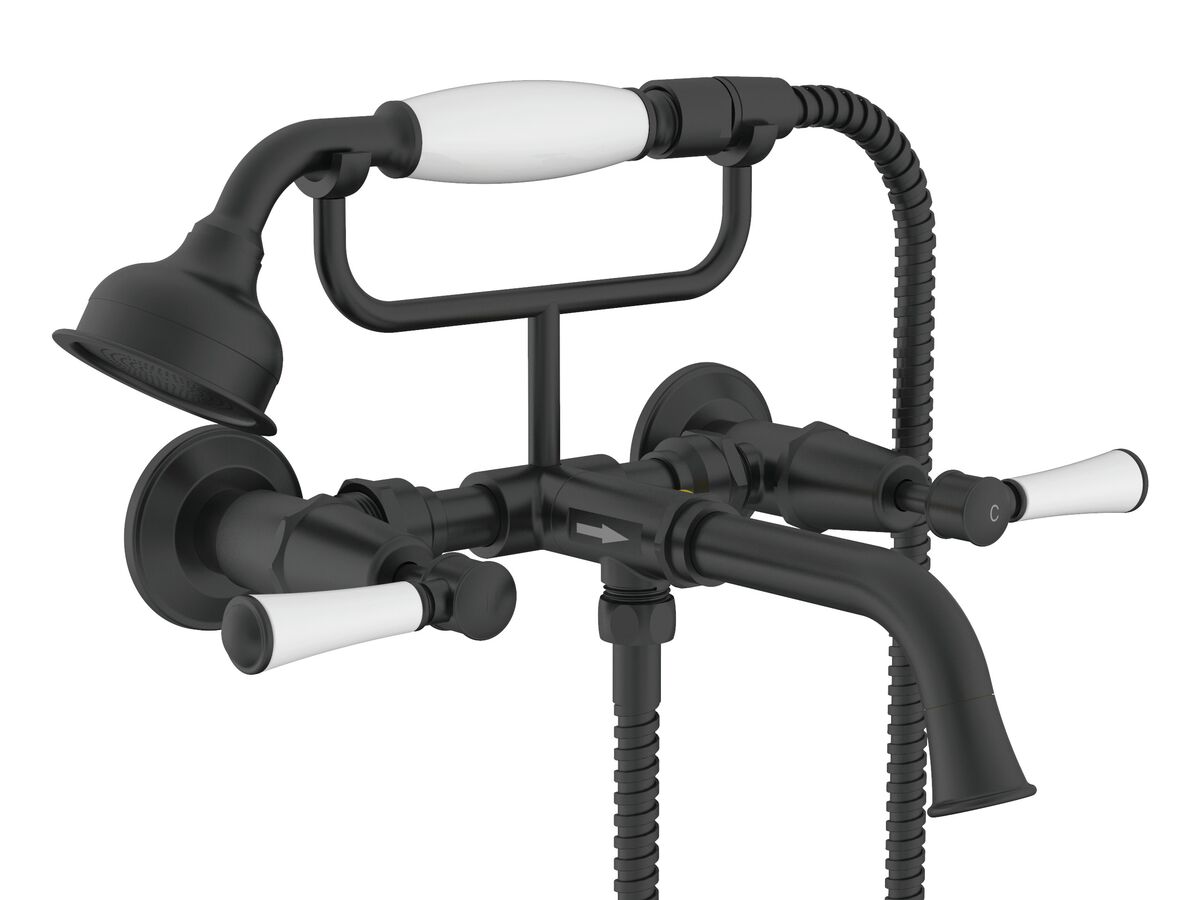 Hero - Posh Canterbury Wall Telephone Bath Set Lever Porcelain Handles Matte Black (3 Star)