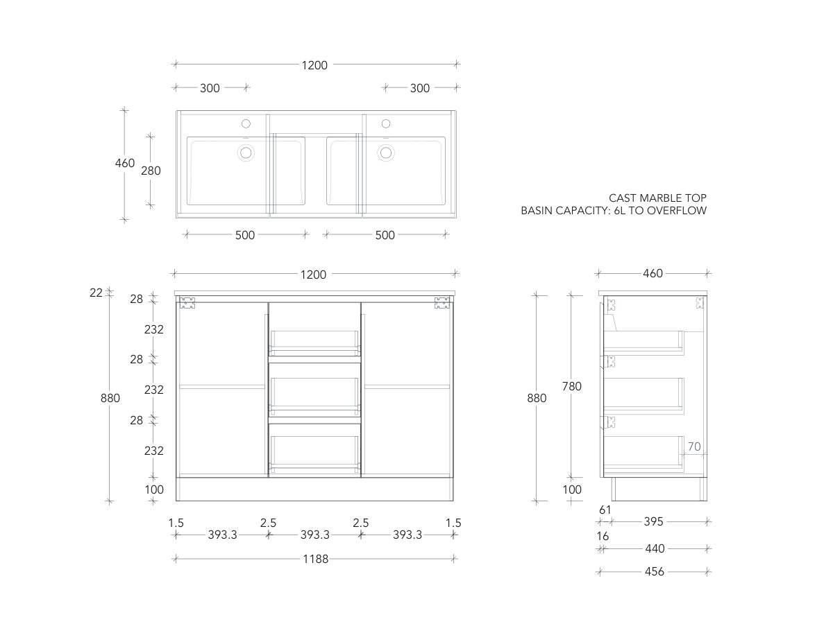 Posh Domaine Conventional 1200mm Double Bowl Floor Mounted Vanity Unit Cast Marble Top