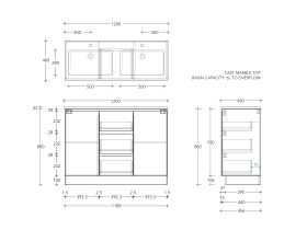 Posh Domaine Conventional 1200mm Double Bowl Floor Mounted Vanity Unit Cast Marble Top