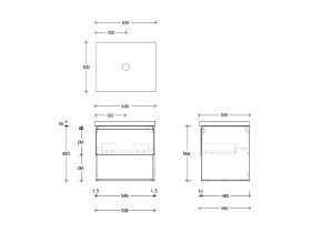 Technical Drawing - Posh Domaine 600mm Wall Hung Vanity Unit All-Drawer Open Shelf 50mm Top