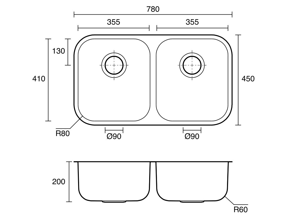 Technical Drawing - Posh Solus MK3 Double Bowl Undermount Sink Stainless Steel