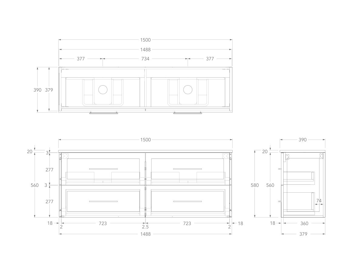 Technical Drawing - Kado Lux Ensuite All Drawer Twin 1500mm Wall Hung Double Basin 20mm Top