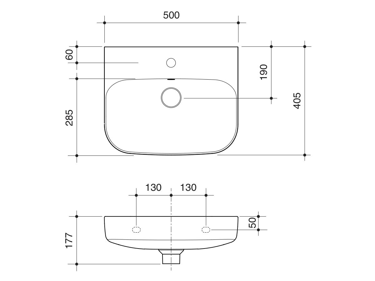 Technical Drawing - Caroma Forma II 500mm Wall Basin One Taphole with Overflow Gloss White