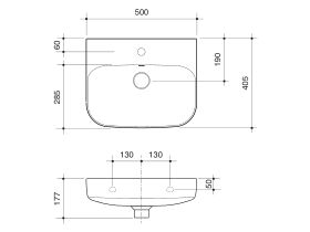 Technical Drawing - Caroma Forma II 500mm Wall Basin One Taphole with Overflow Gloss White