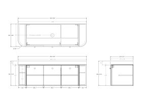 Technical Drawing - Kado Era Double Curve All Door 1500mm Wall Hung Vanity Centre Basin 90mm Durasein Top