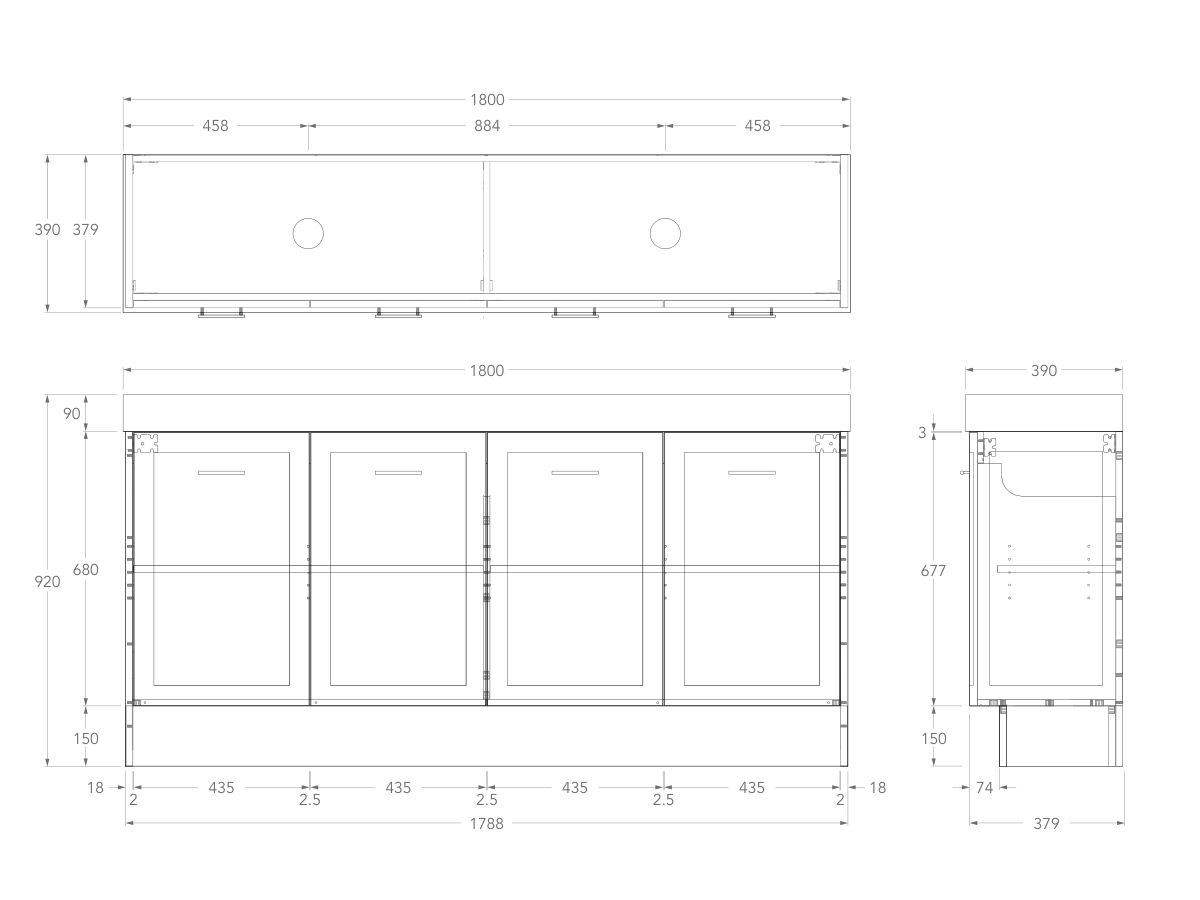 Technical Drawing - Kado Lux Ensuite All Door 1800mm Floor Mount Double Basin 90mm Top