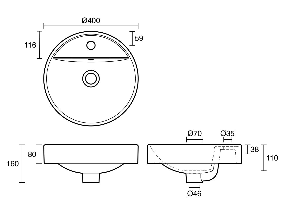 Technical Drawing - Posh Bristol Round Semi Inset Basin with Overflow 1 Taphole 400mm White