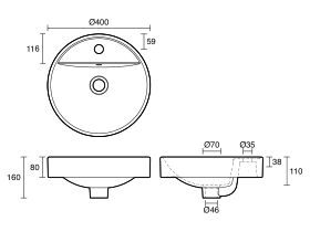 Technical Drawing - Posh Bristol Round Semi Inset Basin with Overflow 1 Taphole 400mm White