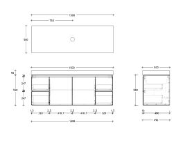 Technical Drawing - Posh Domaine 1500mm Wall Hung Vanity Unit Conventional Single Bowl 90mm Top