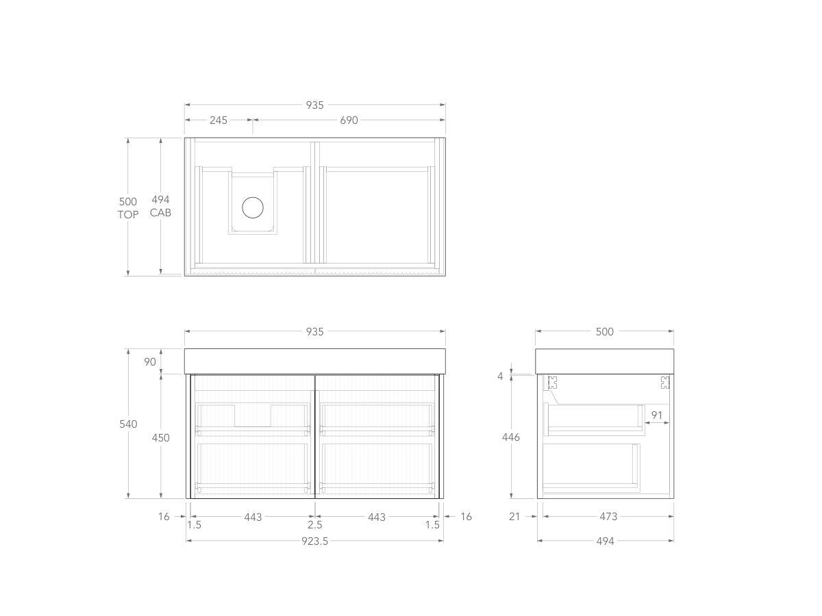 Technical Drawing - Kado Neue Fluted Square All Drawer 900mm Wall Hung Vanity with Left Basin 90mm Top