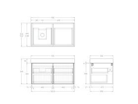 Technical Drawing - Kado Neue Fluted Square All Drawer 900mm Wall Hung Vanity with Left Basin 90mm Top