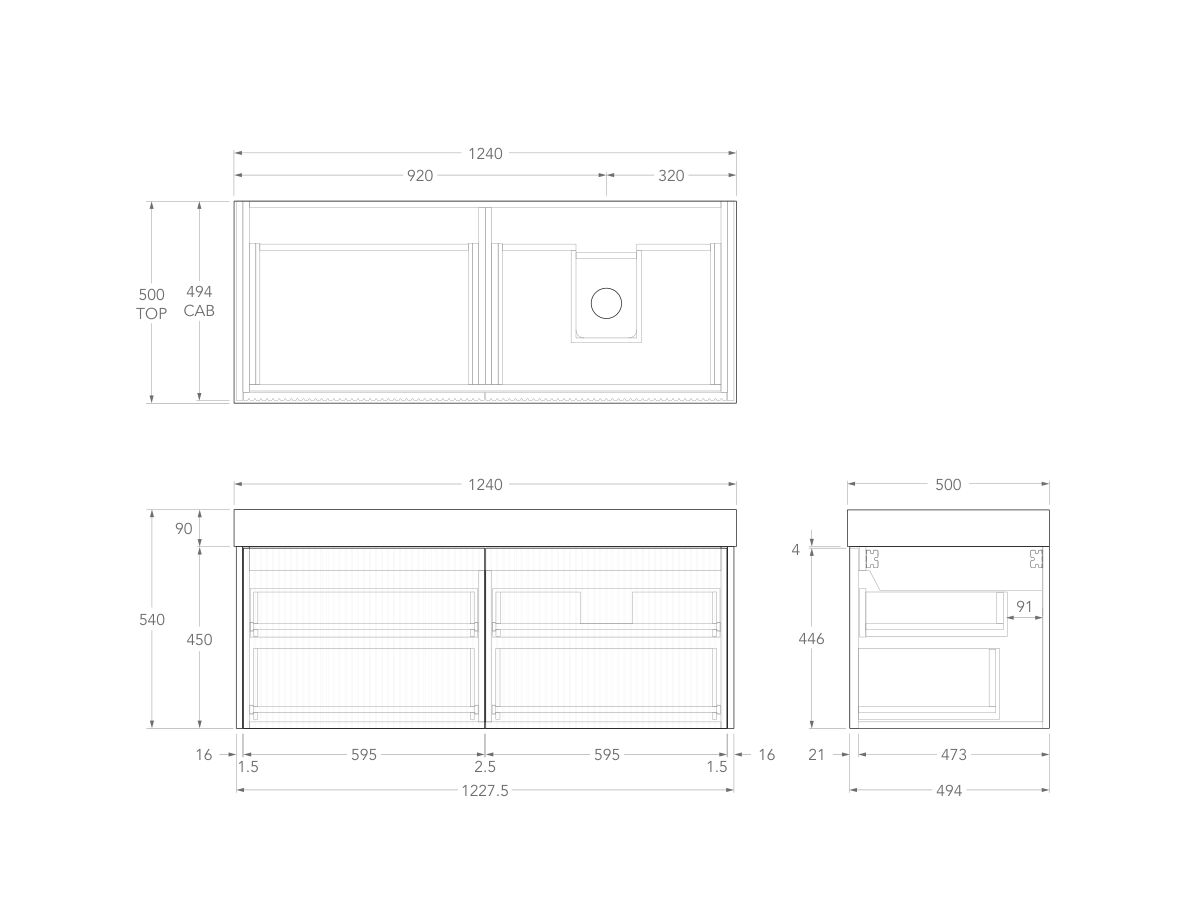Technical Drawing - Kado Neue Fluted Square All Drawer 1200mm Wall Hung Vanity with Right Hand Basin 90mm Top